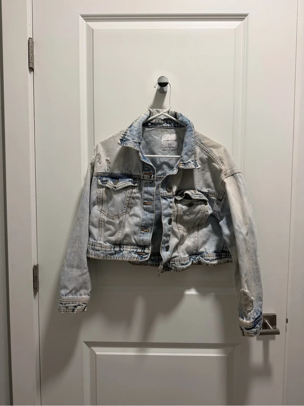 Celebrity Pink Distressed Cropped Light Blue Denim Jacket